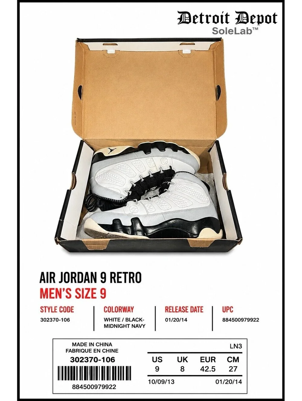 Nike Air Jordan 9 Retro Barons 2014 White Black 302370-106 Men’s Size 9